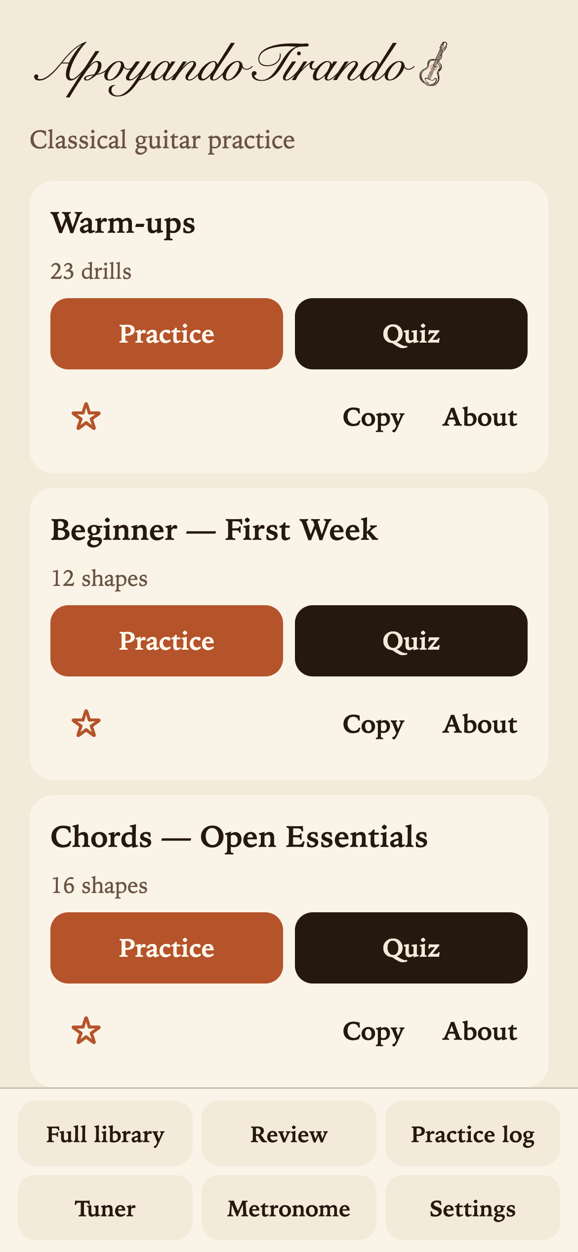 ApoyandoTirando home screen with the guitar mark beside the title, Warm-ups and practice set cards, each with Practice and Quiz buttons, and a tool bar pinned at the bottom
