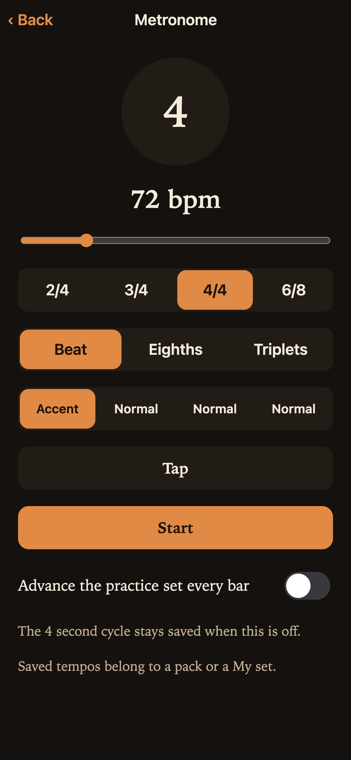 Metronome in dark mode: 72 bpm in 4/4 with beat, accent, and tap tempo controls