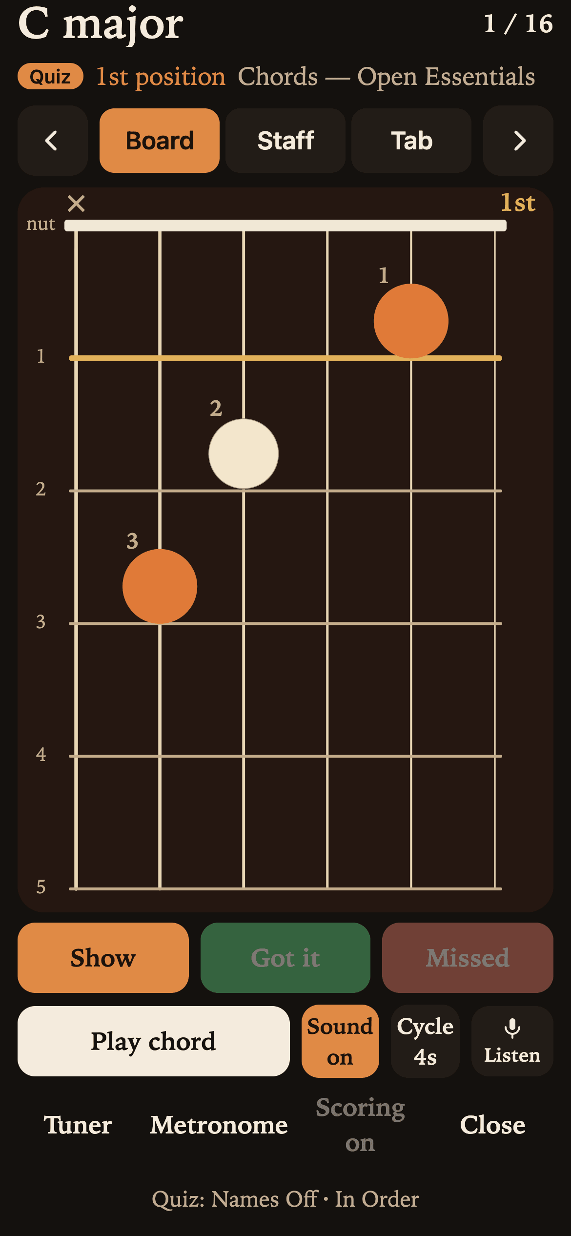 Quiz in dark mode: C major chord with note names hidden until you tap Show