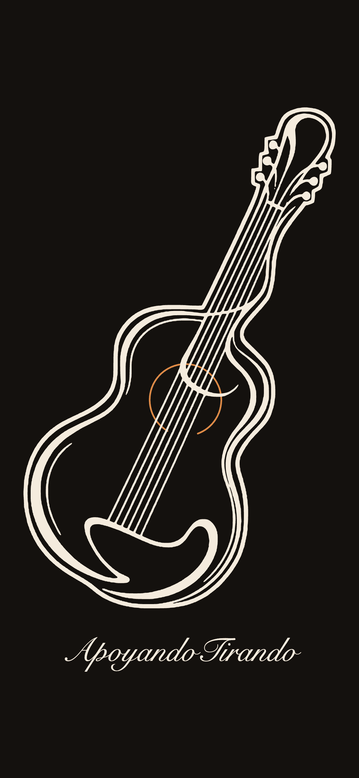 ApoyandoTirando splash screen in dark mode: a light line-drawn classical guitar above the ApoyandoTirando script title