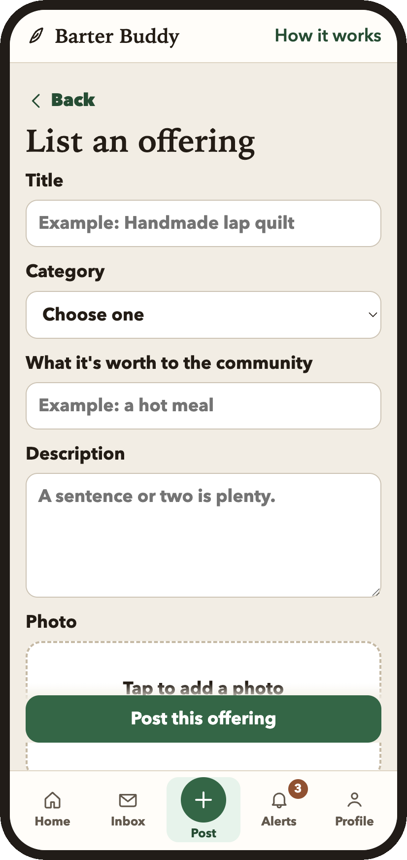 Barter Buddy list an offering