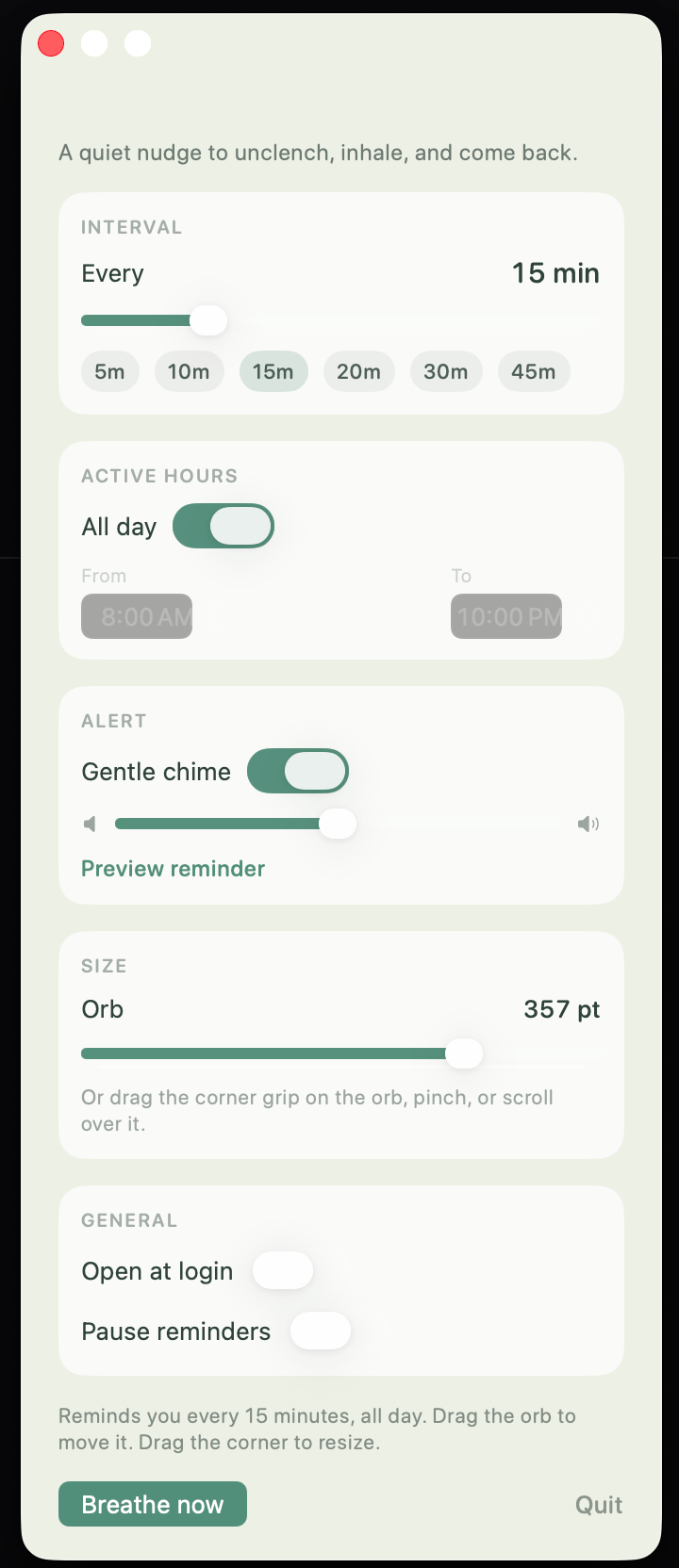 Breathe settings panel